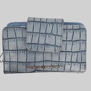 French Connection Emmy Croco Fold Zipper Wallet Denim Blue Textured Snap Closure